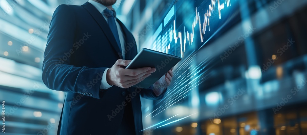 Poster in todays fastpaced business world, a skilled professional uses a tablet to analyze complex data, hi