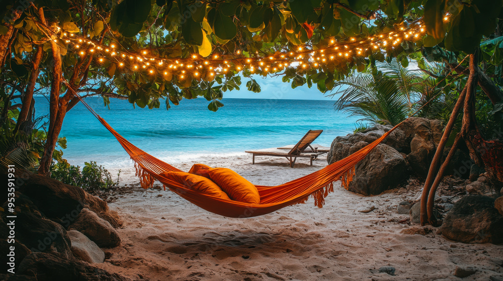 Wall mural cozy hammock surrounded by lush greenery and ocean view on a sunny day in a tropical paradise