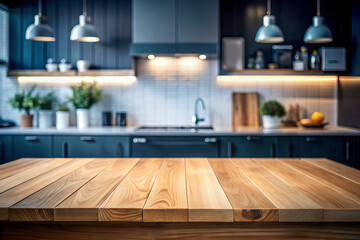 Wooden countertop on a blurred background of a trendy, dark blue kitchen