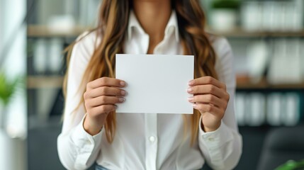 Business Professional Holding Blank White Card in Modern Office Setting