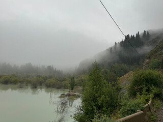 mountains, river, wood, trees, view, smoke