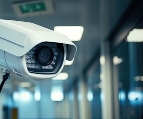 Security camera mounted in office hallway