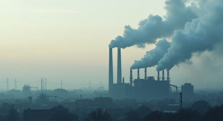 Industrial Cityscape: Factories with Smoke Emissions Affecting Urban Ecology and Air Quality