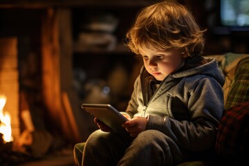 Child using tablet by fireplace