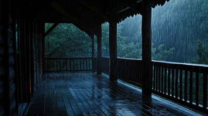 Rain pours steadily, soaking the wooden porch while the surrounding forest reveals its vibrant greenery. The early morning light casts a serene atmosphere.