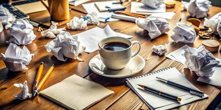 A cluttered workspace with papers, pens, and a crumpled draft, surrounded by coffee cups and notes, evoking a