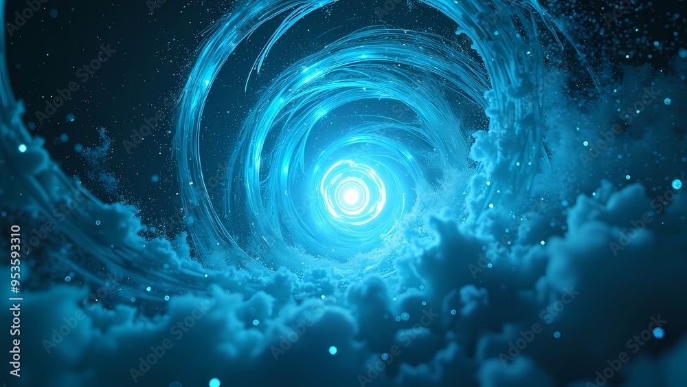 Wall mural vortex of blue and cyan light waves spiraling with particles in dark environment