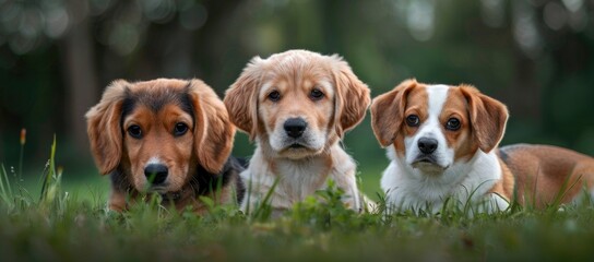 Three puppies posing in grass