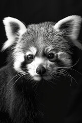 portrait studio photograph of red panda black and white