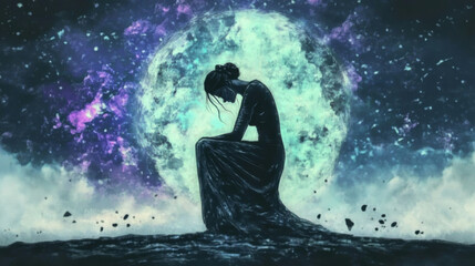 Fototapeta premium A woman in long black dress sits in contemplative pose against cosmic backdrop, evoking sense of solitude and introspection.