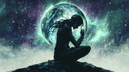 A silhouette of woman sitting on rocky surface, deep in thought, with large, colorful moon in background. scene evokes sense of introspection and wonder.
