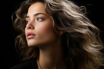 Naklejka premium Woman with long wavy hair against black background