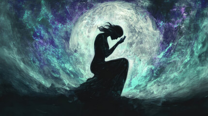 A silhouette of woman in flowing dress, expressing deep emotion against mystical moonlit background. scene evokes sense of introspection and tranquility.