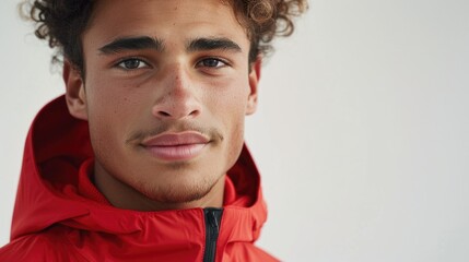 Fototapeta premium Young Fashionable Man in Red Jacket Looking Thoughtful on Minimalist White Background