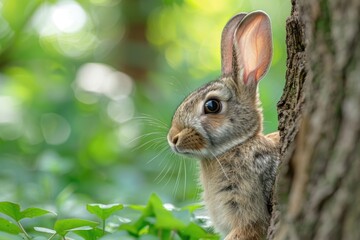 Fototapeta premium Rabbit hiding behind tree in forest