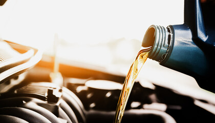 Pouring Engine Oil into Car Engine