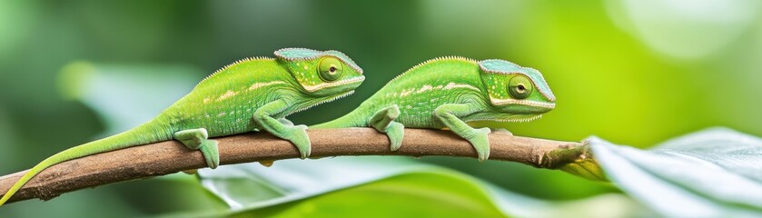 Two vibrant green lizards resting on a branch, surrounded by lush foliage, showcasing nature's beauty and wildlife.
