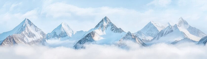 Majestic mountain range shrouded in soft clouds, capturing the beauty of nature's peaks and serene landscape under a blue sky.