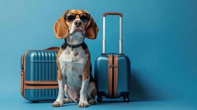 Beagle dog wearing sunglasses ready to travel