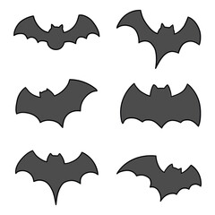 Hand drawn cartoon bat silhouette icon set on white background.