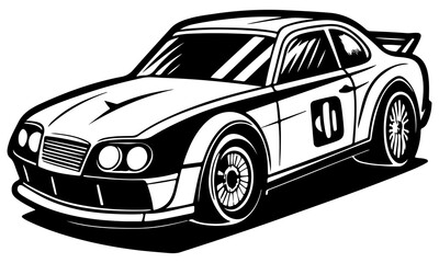 Sports racing Car Front View Silhouette. Black and white vintage classic logotype car. Sports car vector and sports car icon.