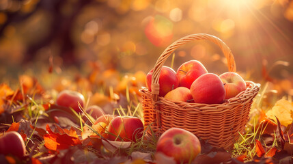 Basket of red apples in an autumn setting with bokeh sunlight