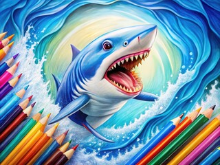 A colorful illustration of a menacing shark emerging from a sea of swirling blue pencils, crayons, and markers on a white sketchbook page background.