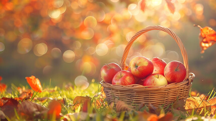 Basket of red apples in an autumn setting with bokeh sunlight