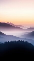 Obraz premium A serene landscape of layered mountains enveloped in mist during twilight, showcasing hues of purple and orange in the sky.
