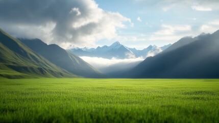 Fototapeta premium A serene landscape featuring lush green fields and majestic mountains under a cloudy sky, ideal for nature lovers and peaceful retreats.