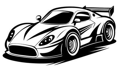 Sports racing Car Front View Silhouette. Black and white vintage classic logotype car. Sports car vector and sports car icon.