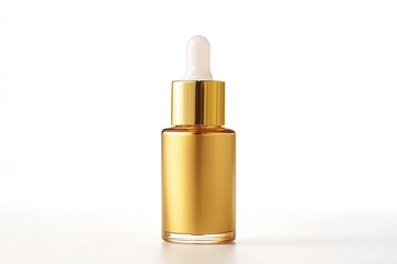 Naklejka premium Gold Makeup Dropper Vial Isolated on White. Cosmetics Moisturizer with Pure Vitamin C Peptides Botanicals and Hyaluronic Acid. Container Liquid Emulsion Essence Serum Foundation. Generative Ai