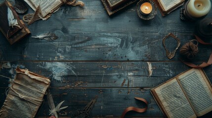 Naklejka premium A flat lay of an old wooden table with candles, ancient books and quills scattered across the surface