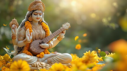 Goddess Saraswati Statue Decorated with Marigold Flowers During Vasant Panchami Festival in Spring Garden Setting