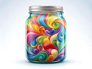 A colorful, modern vector illustration of a transparent glass jar filled with swirling, abstract shapes and colors, set