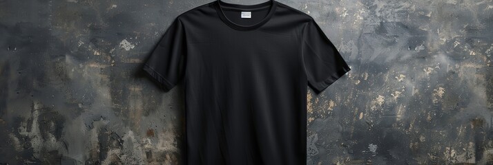 The blank black t-shirt in front of the gray urban wall. Generative Ai