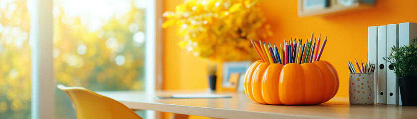 Desk with a pumpkin shaped desk organizer holding pens, pencils, and office supplies