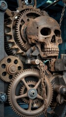 Intricate Steampunk Art with Metallic Human Skull, Gears, Cogs, Chains, and Rusty Industrial Machinery Elements Depicting a Fusion of Life and Mechanical Engineering