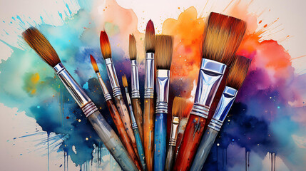 Obraz premium bunch of paint brushes with watercolor stains on the backgrounds