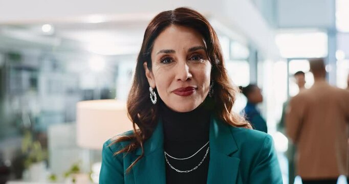 Face, mature and smile with business woman in corporate office for career growth or mission. About us, management and portrait with happy professional employee in workplace for company leadership