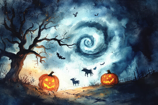 Watercolor tornado with flying cows and scary pumpkins, halloween atmosphere, children's book illustration style, simple design