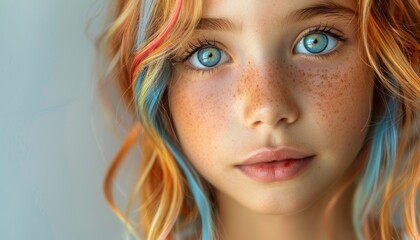 Fototapeta premium portrait of little caucasian girl with multicolored strands of hair on light background