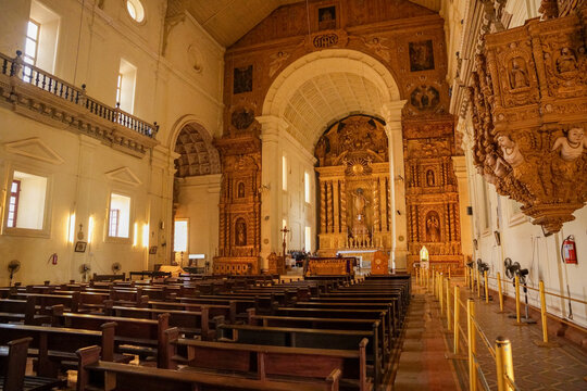 Old GOA, India - February 27, 2024: The main hall in the Catholic church Basilica of Bom Jesus