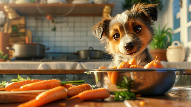 a photorealistic mage of a happy puppy next to a bowl of fresh carrots in the kitchen, summer daytime 