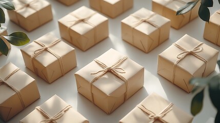 Minimalist gift boxes tied with twine, arranged in a grid pattern on a white surface, with green leaves partially visible.