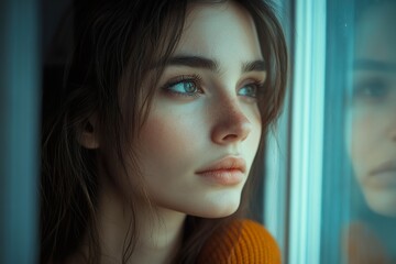 Woman with a Lonely Expression Staring Out the Window