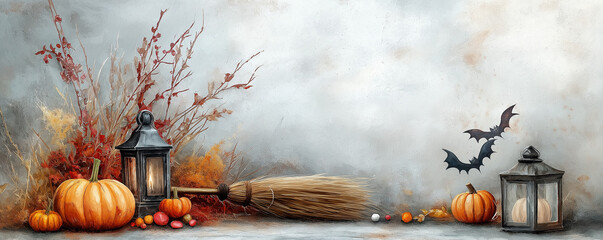 Nostalgic, vintage style watercolor of a classic broomstick with old fashioned Halloween decorations like vintage lanterns and old timey candy