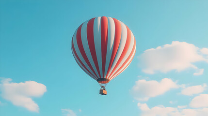 Fototapeta premium Red and White Striped Hot Air Balloon Flying in Blue Sky with White Clouds