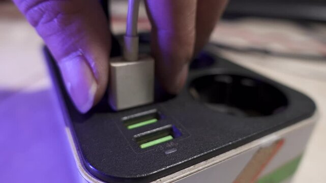 CU of USB cable unplugged from wall socket. Modern convenient multi-port USB charger for devices.