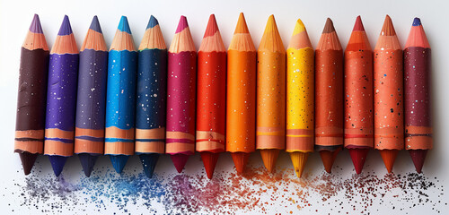 pencils on white background. Pencils in a rainbow gradient spread out on a desk 